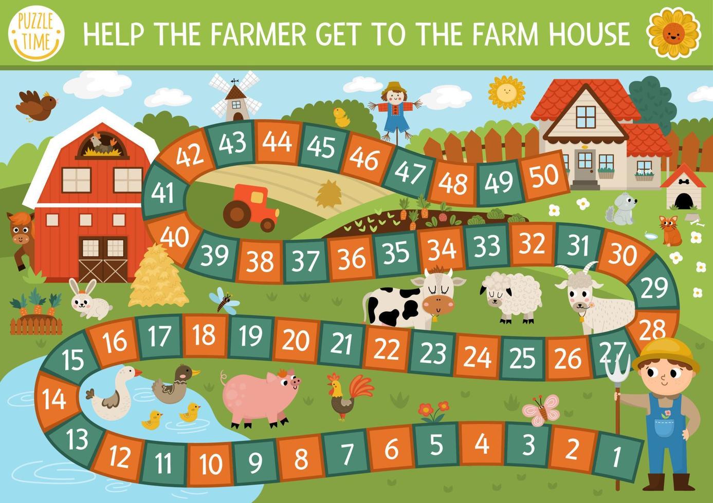 Farm Dice Board Game For Children With Village Landscape Countryside farm-dice-board-game-for-children-with-village-landscape-countryside