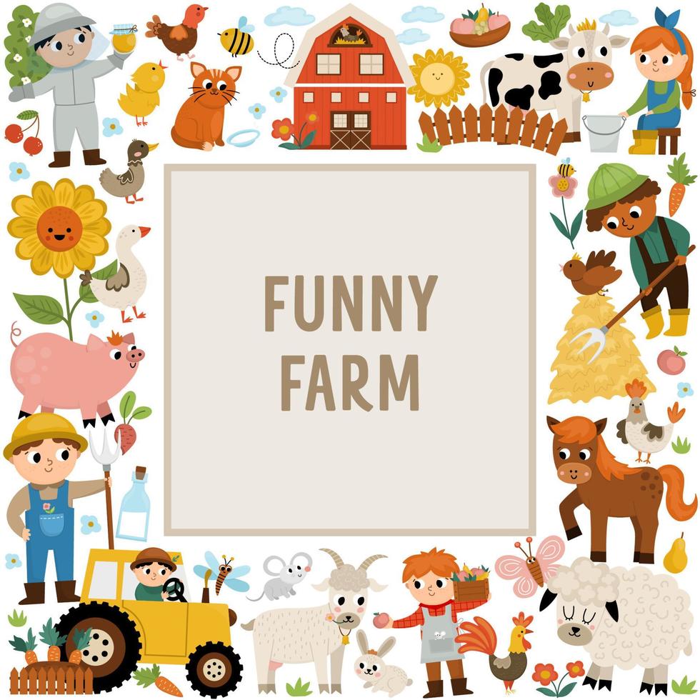 Vector farm square frame with farmers and animals. Rural country card template or local market design for banners, invitations. Cute countryside illustration with barn, cow, tractor, pig, hen, flower