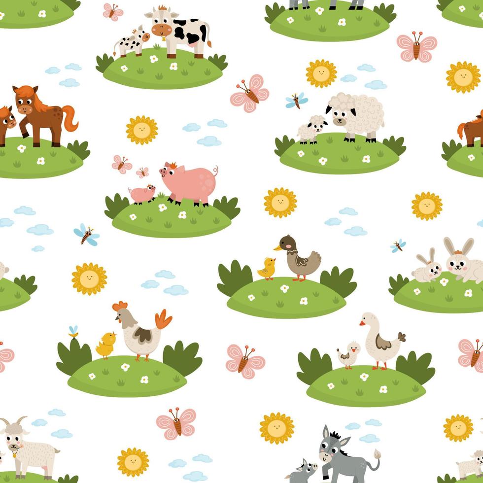 Vector seamless pattern with farm animal scenes. Repeat background with cow, horse, goat, sheep, duck, hen, pig and their babies. Cute country mother and baby digital paper