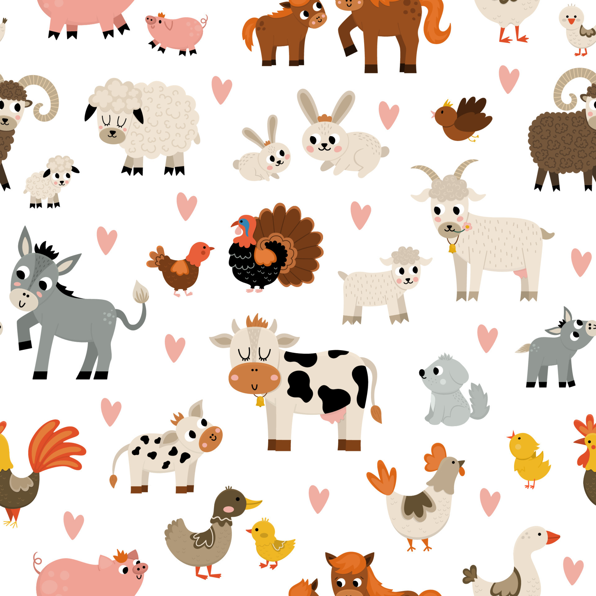 Vector seamless pattern with farm animals and birds. Repeat background