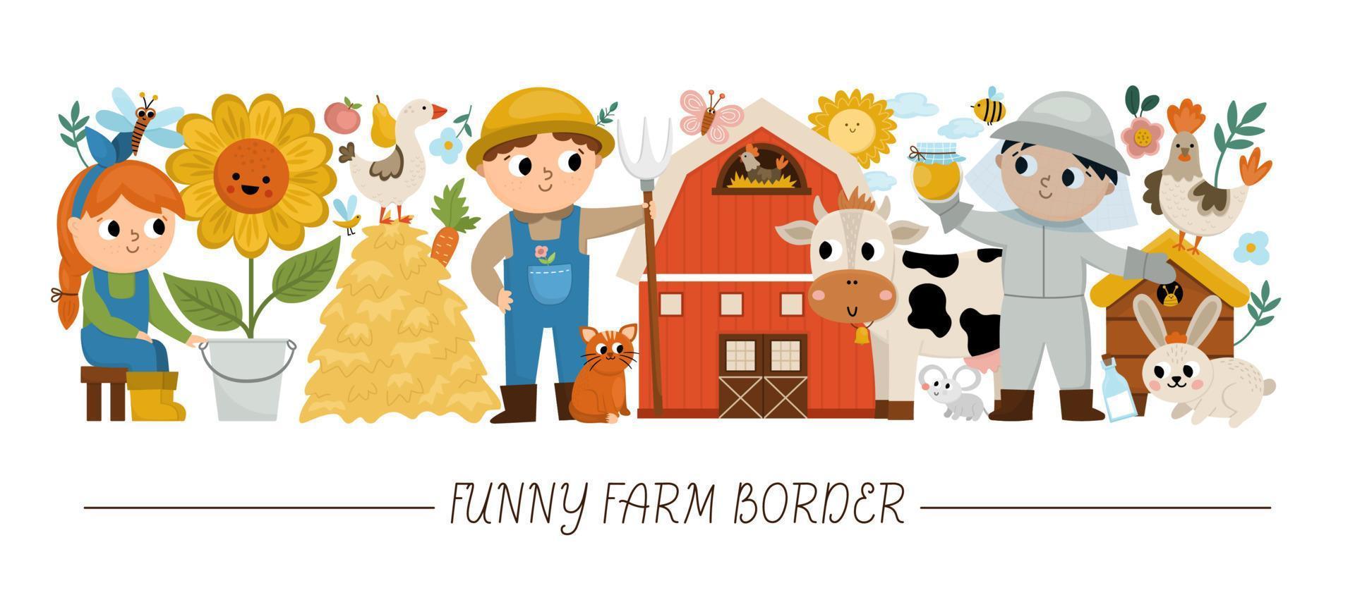 borde horizontal vectorial con lindos granjeros y animales. diseño de plantilla de tarjeta de país rural con personajes de granja. lindo borde de campo con vaca, girasol, gallina, apicultor, lechera vector