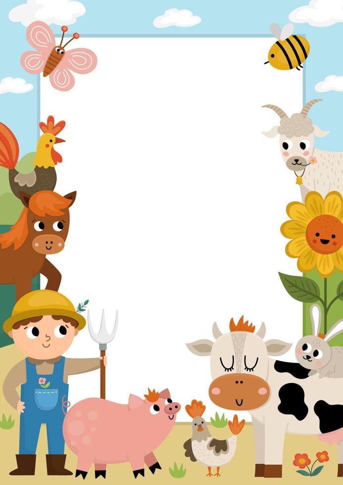 plantilla de tarjeta de felicitación de fiesta de granja con granjero lindo, paisaje rural y animales. cartel de campo o invitación para niños. brillante ilustración de vacaciones en el campo con vaca, cerdo, gallina, caballo vector