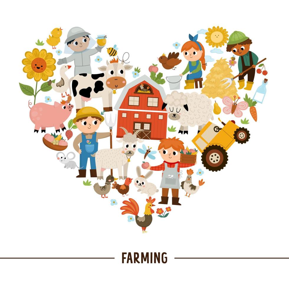 marco en forma de corazón de granja vectorial con granjeros y animales. plantilla de tarjeta de país rural o diseño de mercado local para pancartas, invitaciones. linda ilustración de campo con granero, vaca, tractor, cerdo, gallina vector