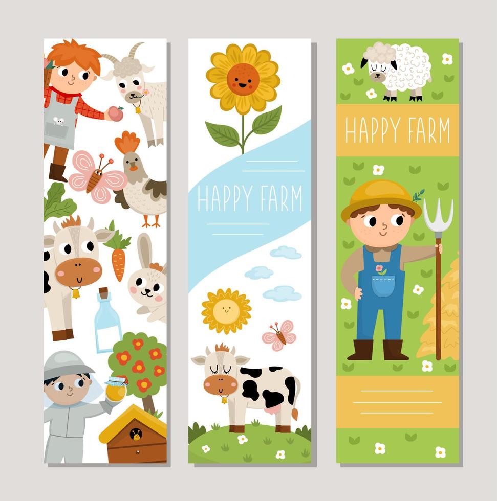 Cute farm vertical cards set with farmer, caw, sunflower, beekeeper, hen. Vector country village vertical print templates. Countryside bookmark design for tags, postcards, ads, local market
