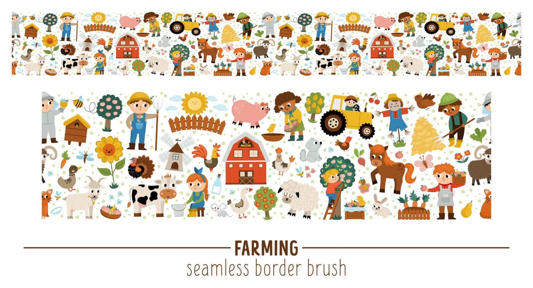 Vector farm seamless border brush with farmers and animals. Rural country or local market horizontal repeat background. Cute countryside illustration with barn, cow, tractor, pig, hen, flower