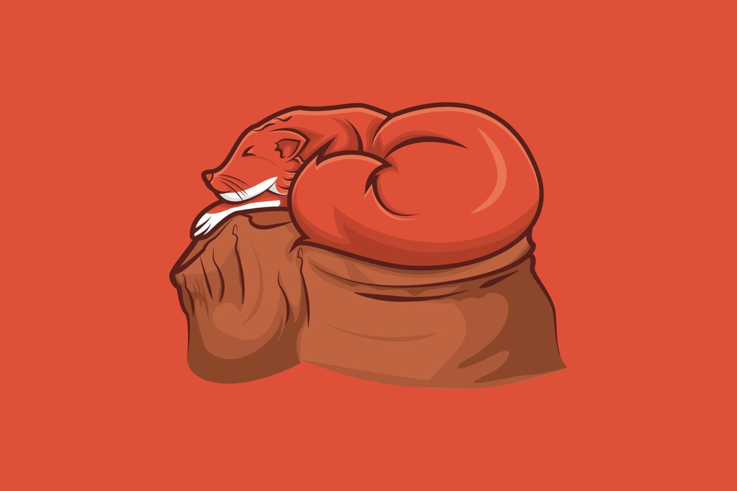 illustration of a fox sleeping on a block of wood on an orange background vector