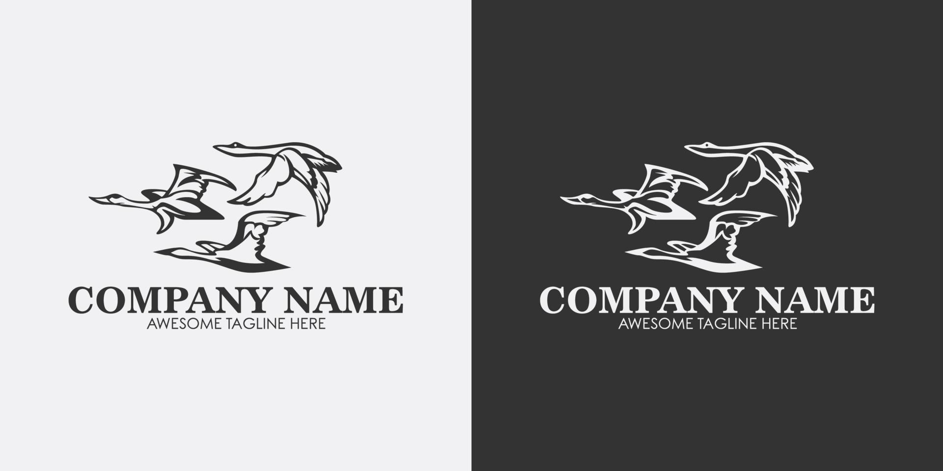 Three flying swans logo design concept template with three color variants of black, white and green vector