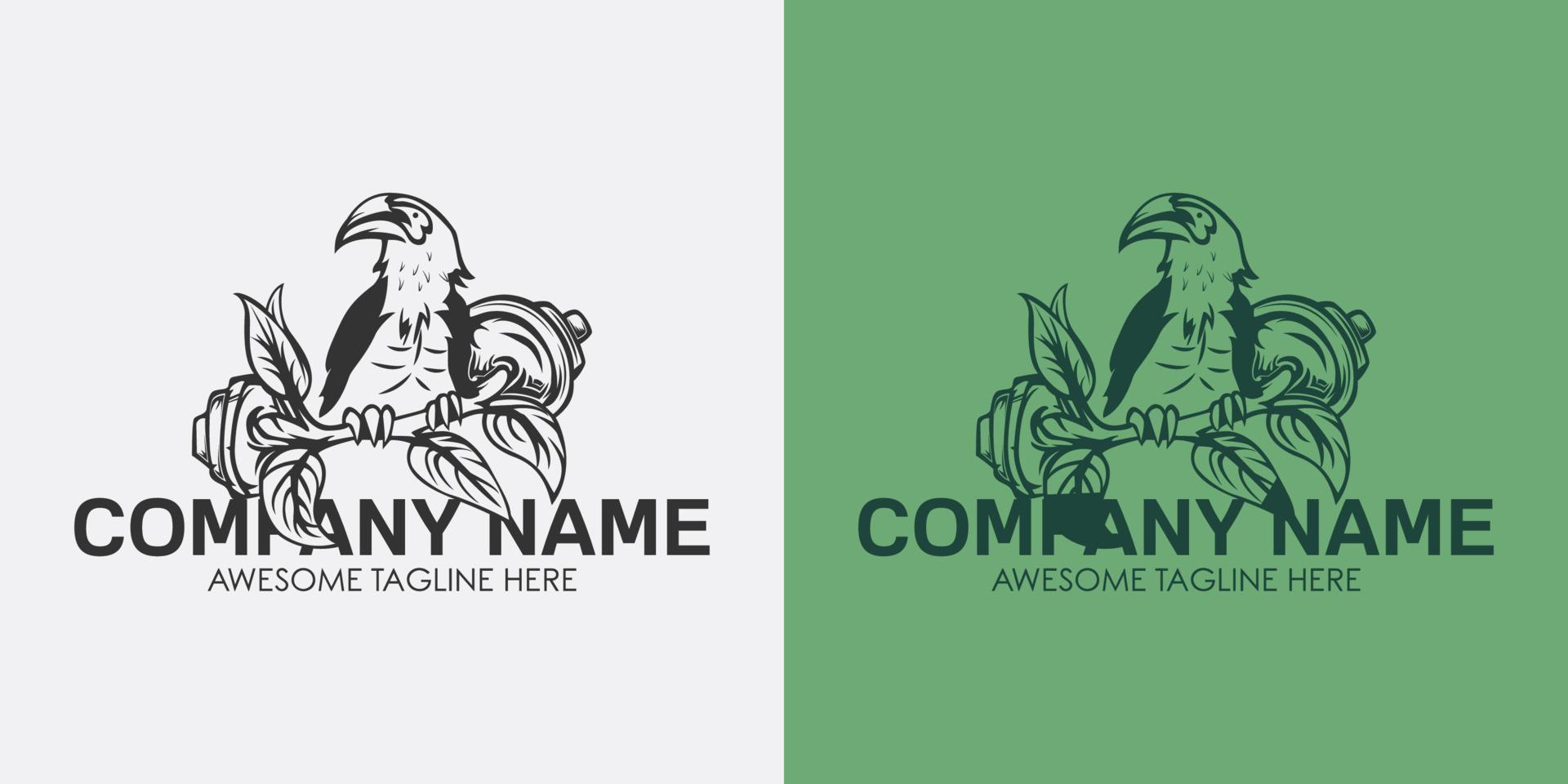 Sturdy bird logo template with barbell and white and green color variant vector