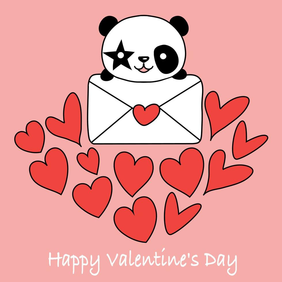 Valentine card with cute panda and hearts. Love concept. Illustration on a pink background. vector