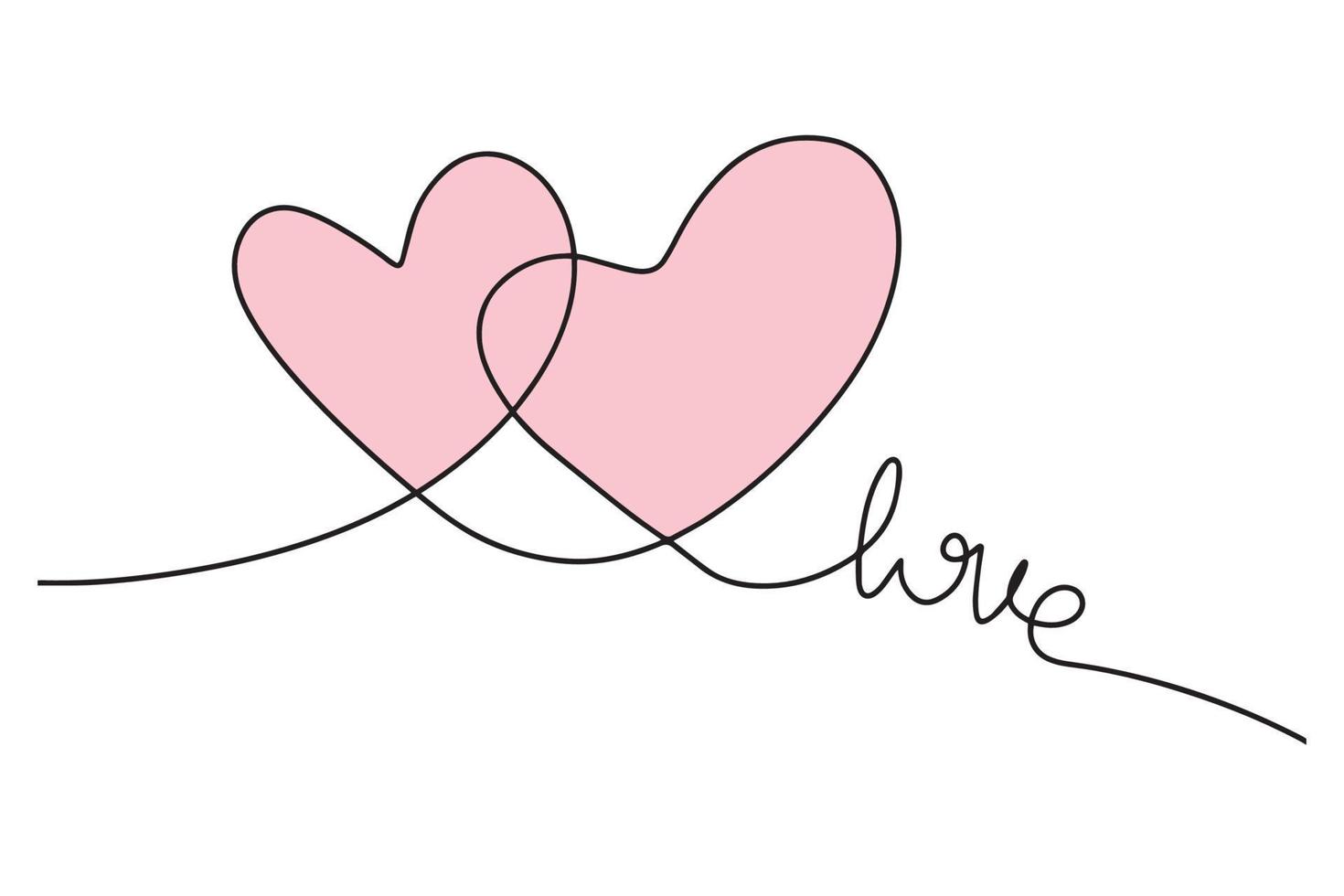 Continuous drawing of a pair of hearts and the inscription love. Fashionable minimalist illustration. Drawing in one line. vector