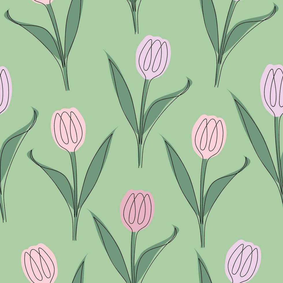 patrón sin costuras de tulipanes dibujados en una línea. ilustración vectorial aislada sobre fondo verde. vector