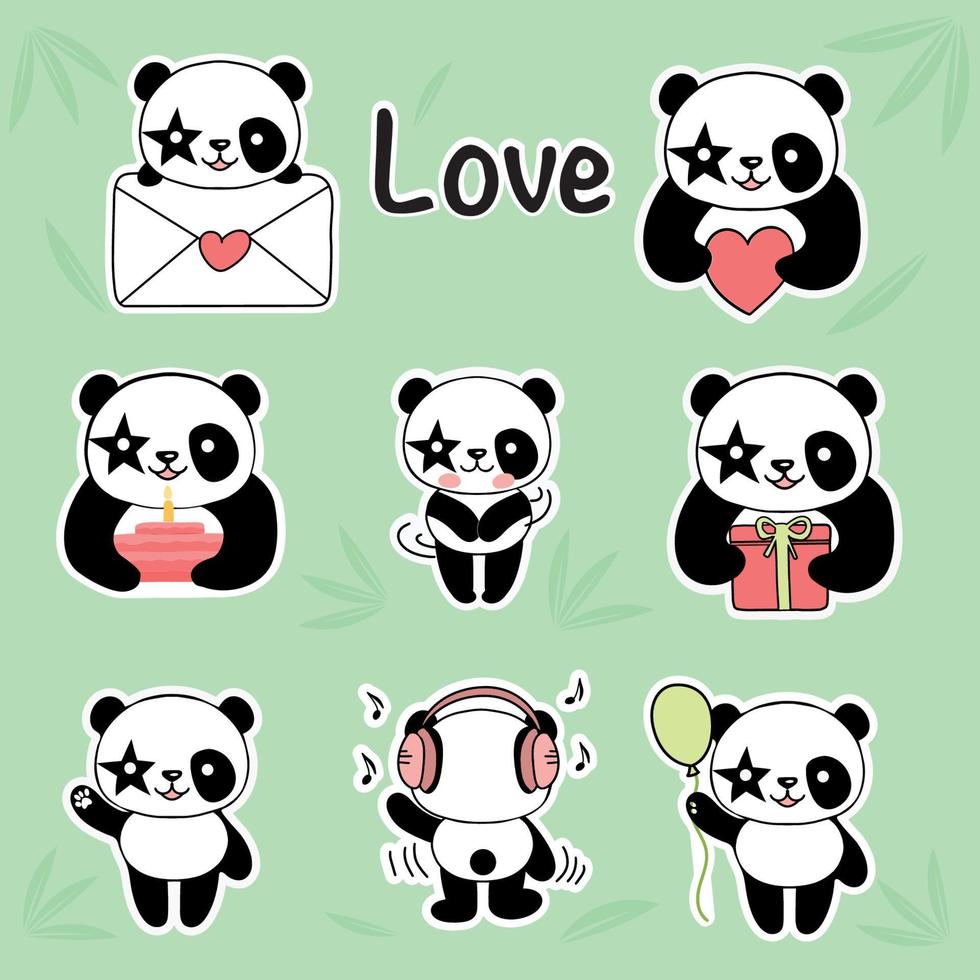 Cute panda stickers for Valentine's Day. The concept of love. Illustration on a green background vector