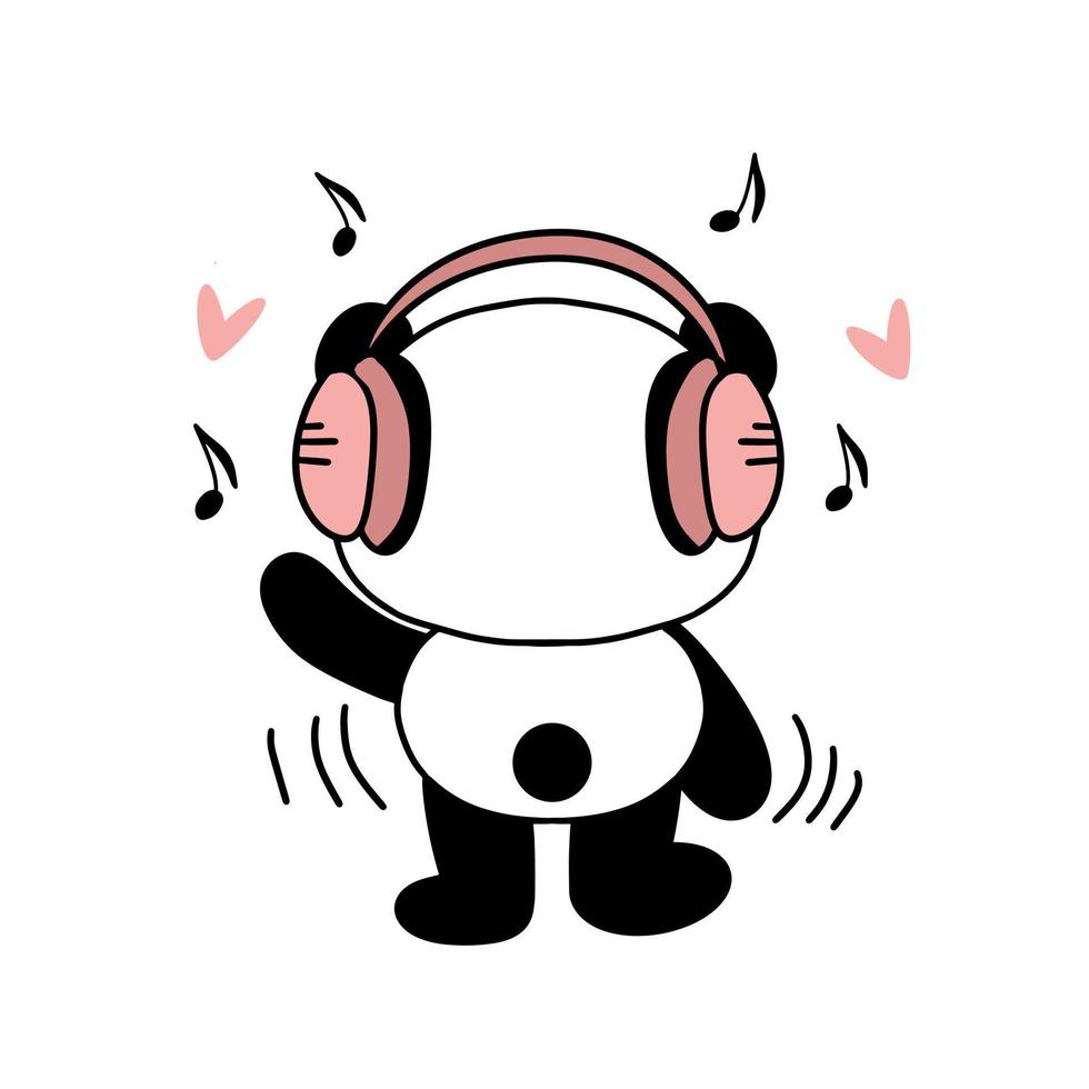 al lindo panda le encanta escuchar música con auriculares. ilustración en un estilo moderno para ropa, impresión, etiquetas, pegatinas, diseño de superficie. Fondo blanco vector