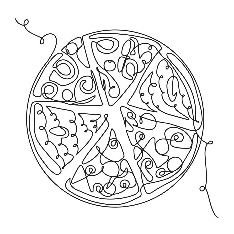 Continuous thin pizza line. Vector illustration of pepperoni pizza in one line, minimalist sketch, icon, single contour drawing.