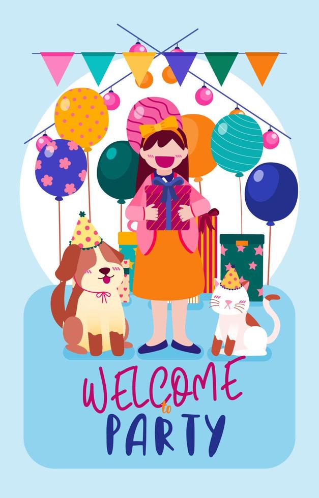 Cartoon birthday party people. Woman has birthday party at home. vector