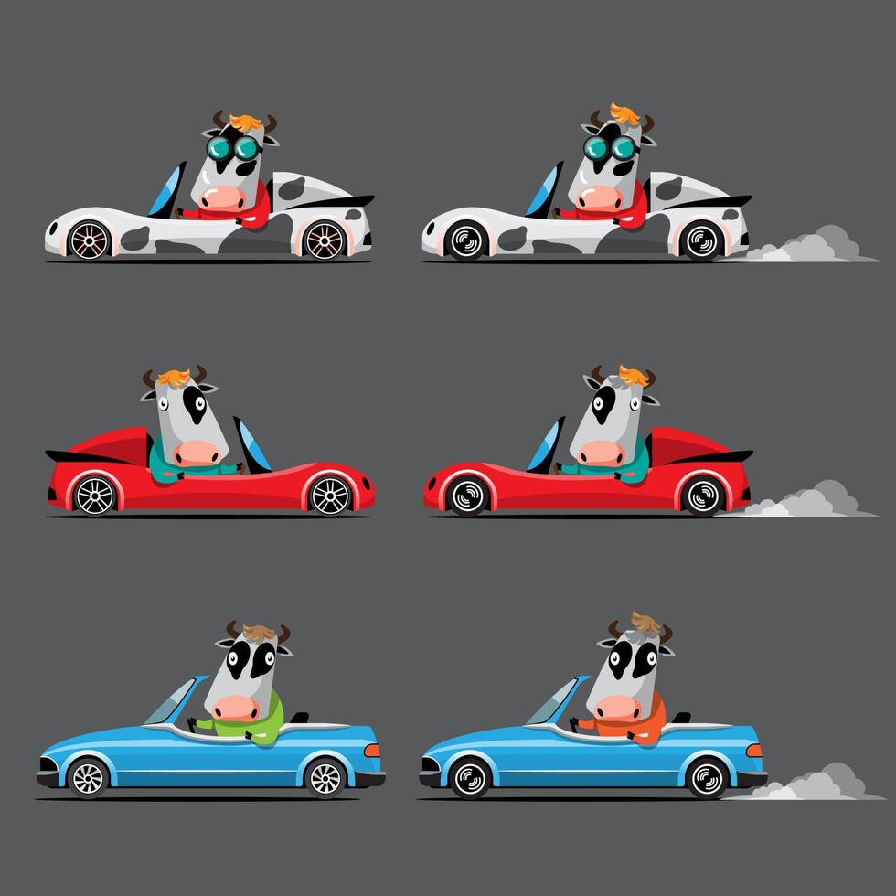 Animal driver, pets vehicle and cow happy in car. vector