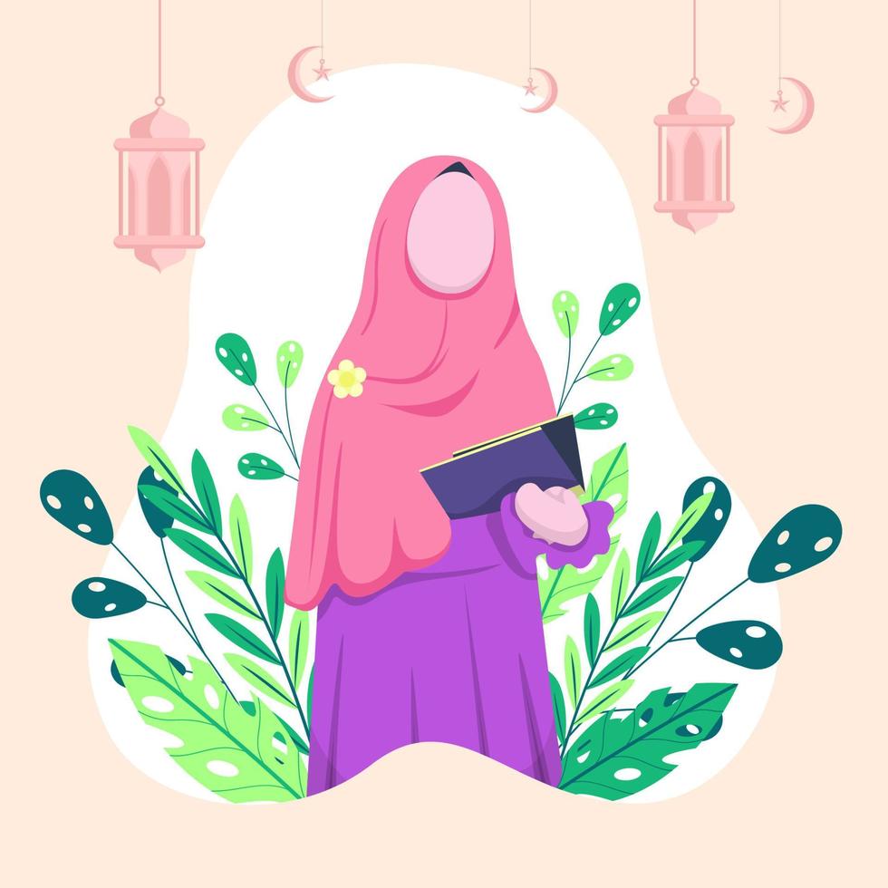mujer islámica con hiyab en la mano sostiene el corán vector