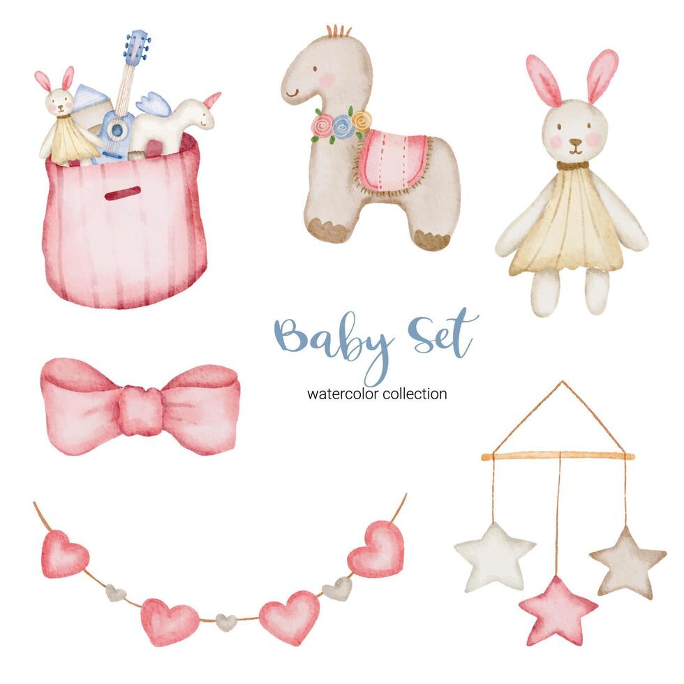 Set of beautiful separate parts of clothes, baby items and toy in water colors vector