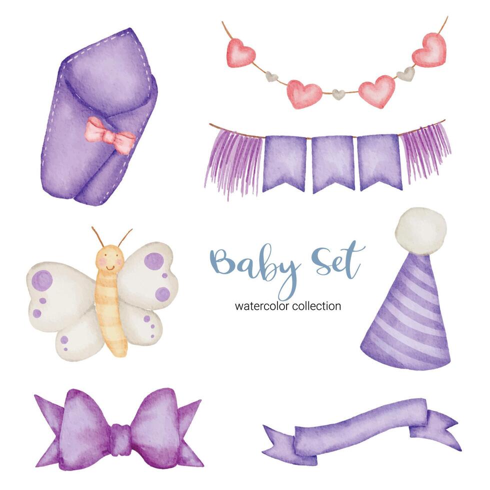 Set of beautiful separate parts of clothes, baby items and toy in water colors vector