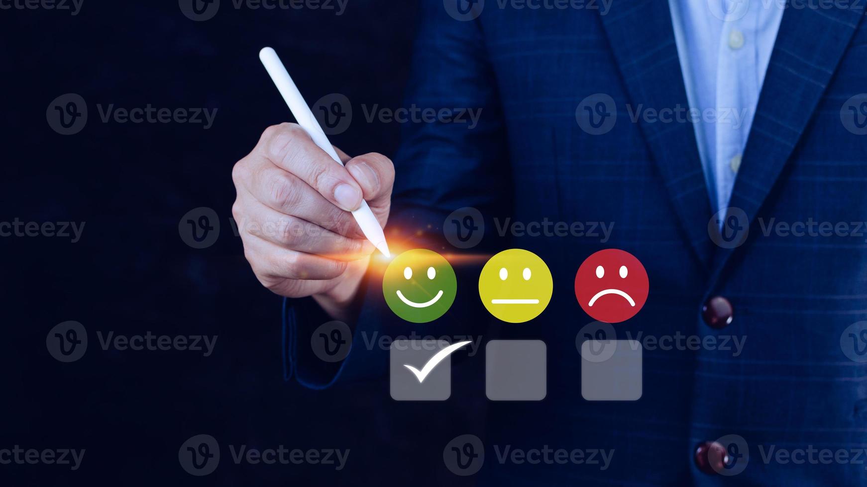 Businessman choosing happy smile face icon. feedback rating and positive customer review experience, satisfaction survey. mental health assessment. World mental health day concept photo