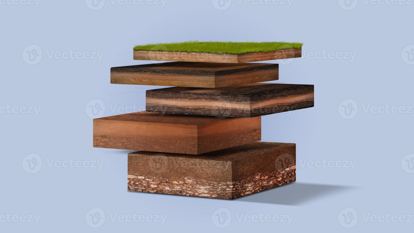 Isometric Soil Layers diagram, Cross section of green grass and underground soil layers beneath, stratum of organic, minerals, sand, clay, Isometric soil layers photo