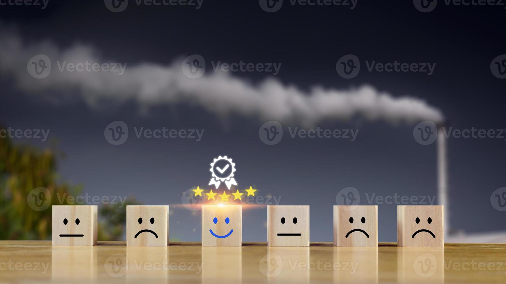 Customer service evaluation and satisfaction survey service rating concepts. wooden block cube with happy face smile face, ISO certification and standardization concept. photo
