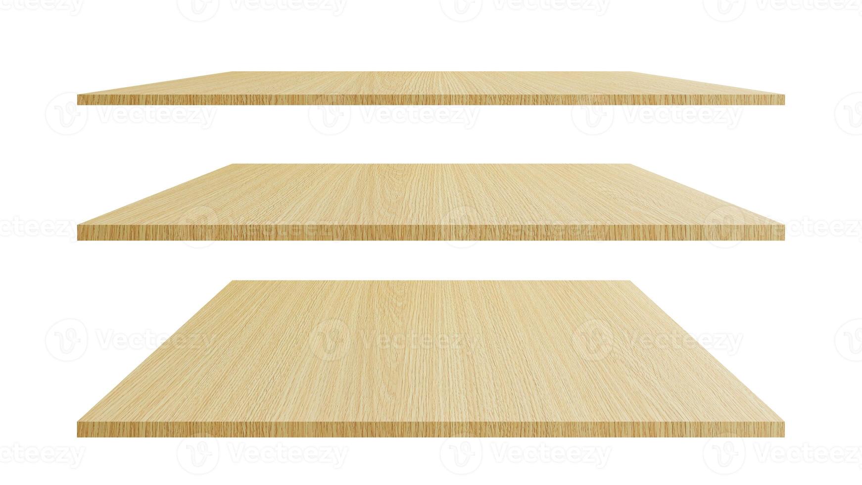 Collection of Brown wooden shelves isolated on white background isolated objects with cut paths for designs. photo
