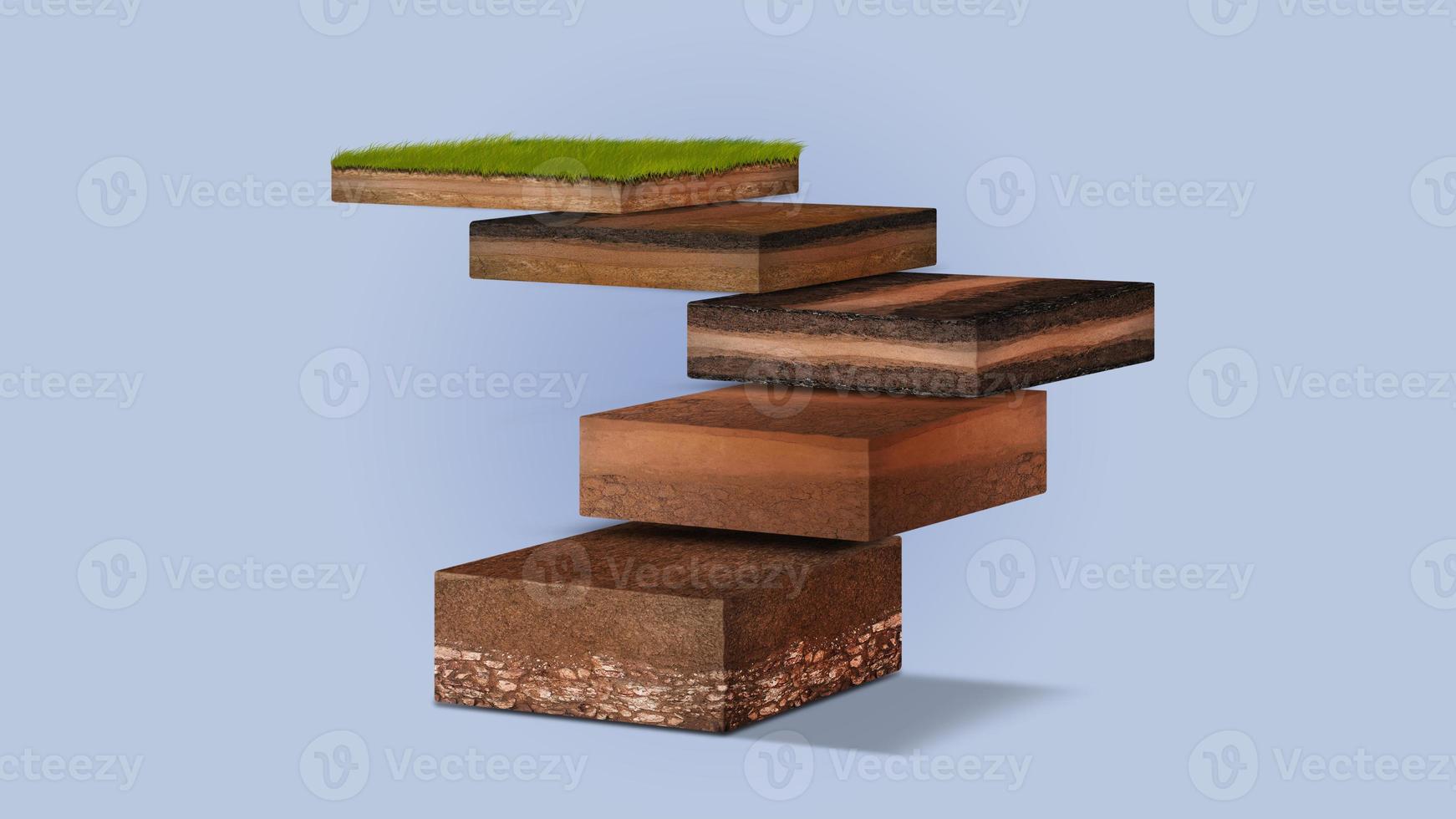 Isometric Soil Layers diagram, Cross section of green grass and underground soil layers beneath, stratum of organic, minerals, sand, clay, Isometric soil layers photo
