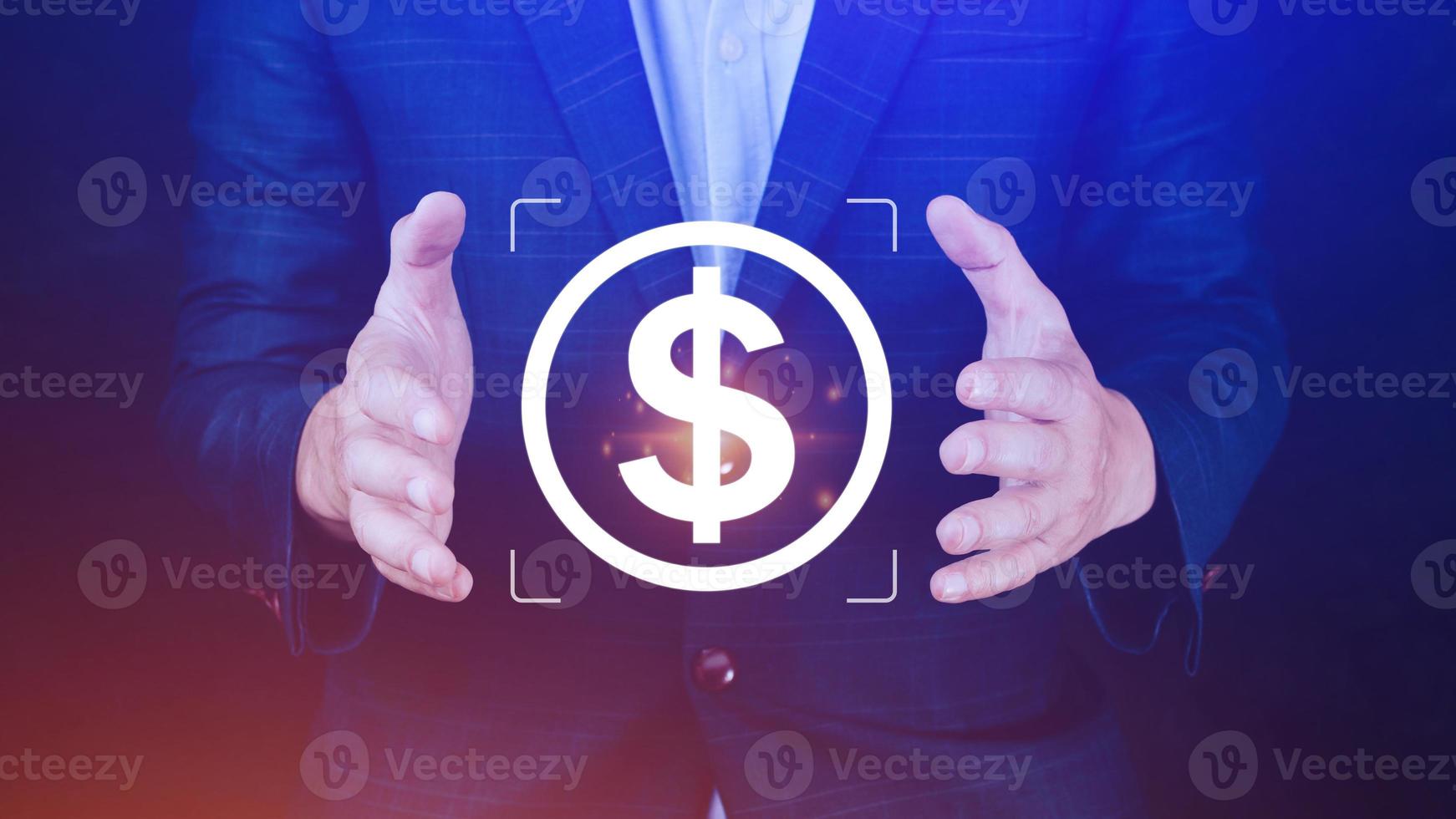 Hands holding virtual US dollar icon. USD is main exchange currency in the world, monetary growth, interest rate increase, inflation concept, Interest rate financial and mortgage rates concept photo