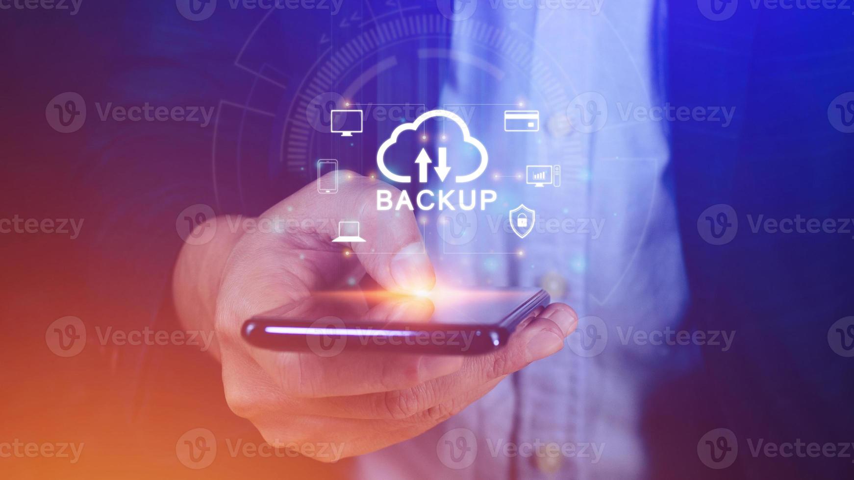 Internet data storage backup on smart phone, technology business concept, Cloud technology, Data storage, Networking and internet service concept. photo