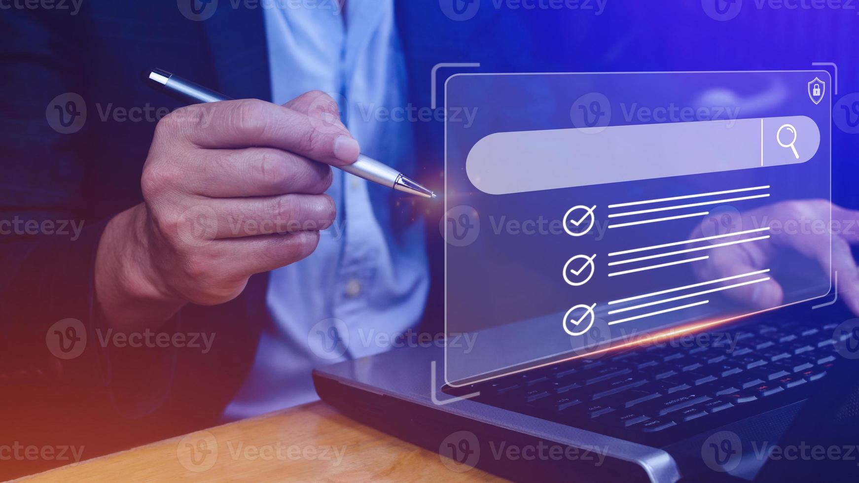 Businessman touching data search box information technology Search Engine Optimization, uses a search box to search for information on the Internet. photo