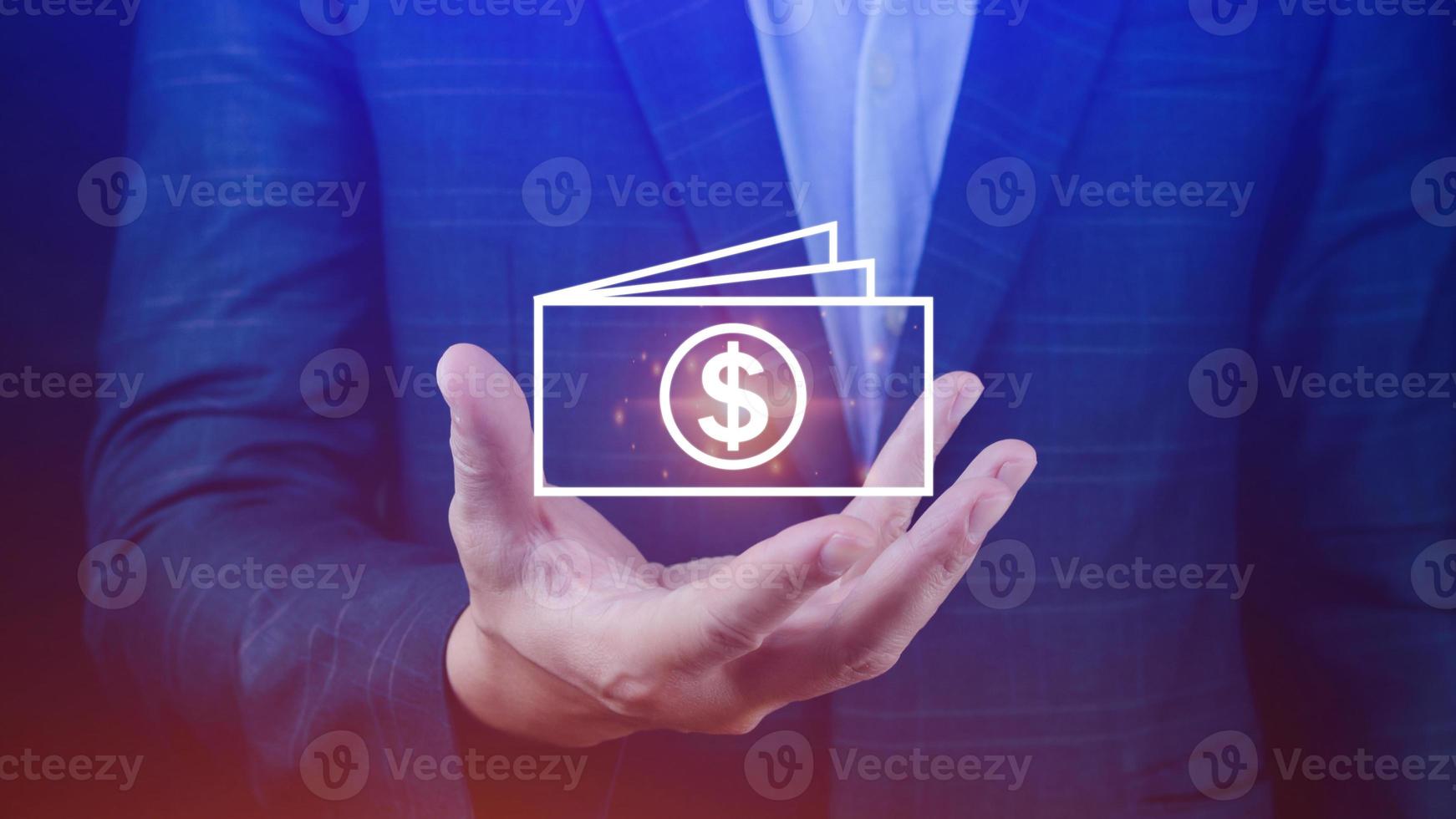 Hands holding virtual US dollar icon. USD is main exchange currency in the world, monetary growth, interest rate increase, inflation concept, Interest rate financial and mortgage rates concept photo