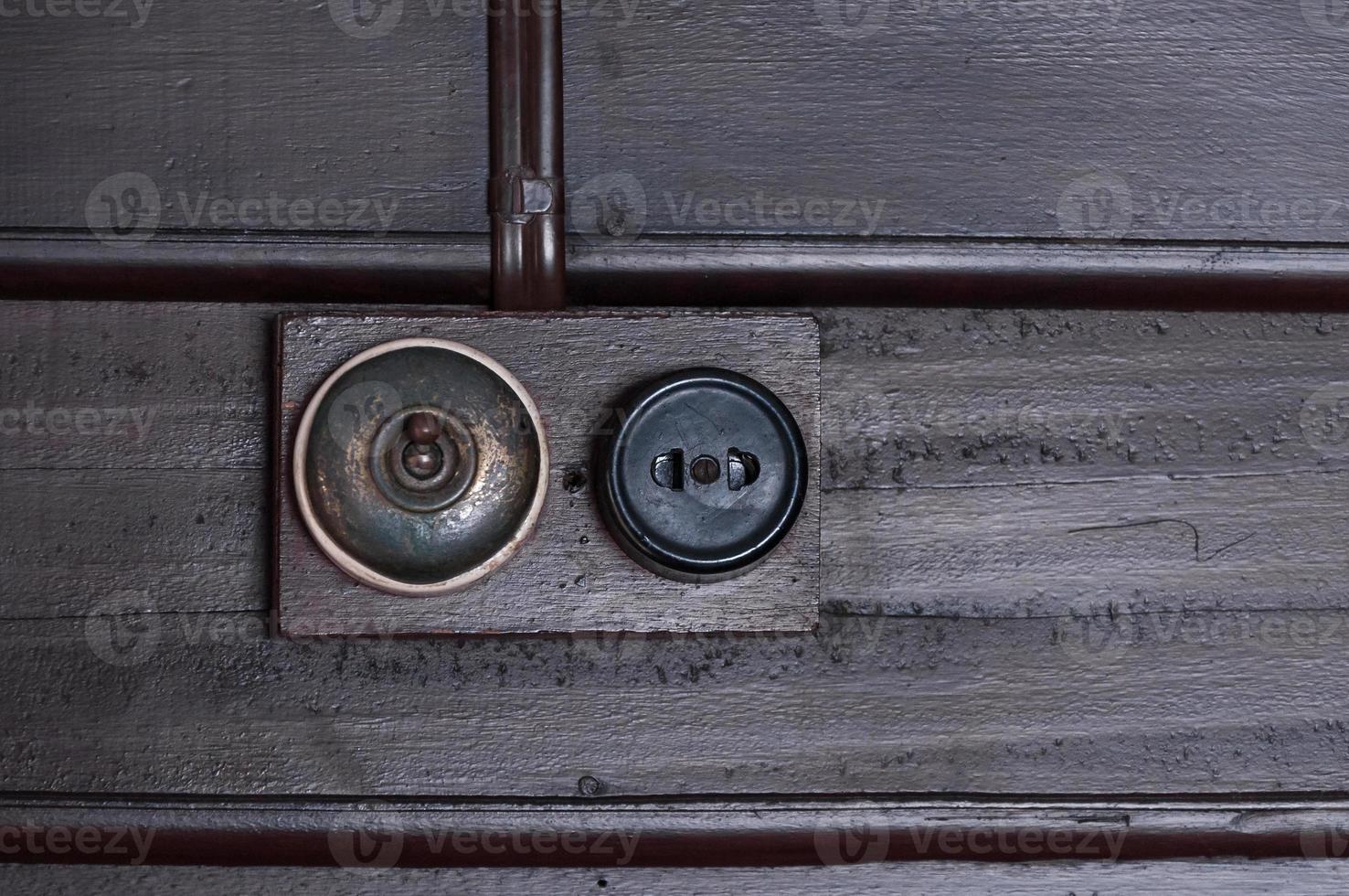 Vintage put light switch on wooden interior wall photo