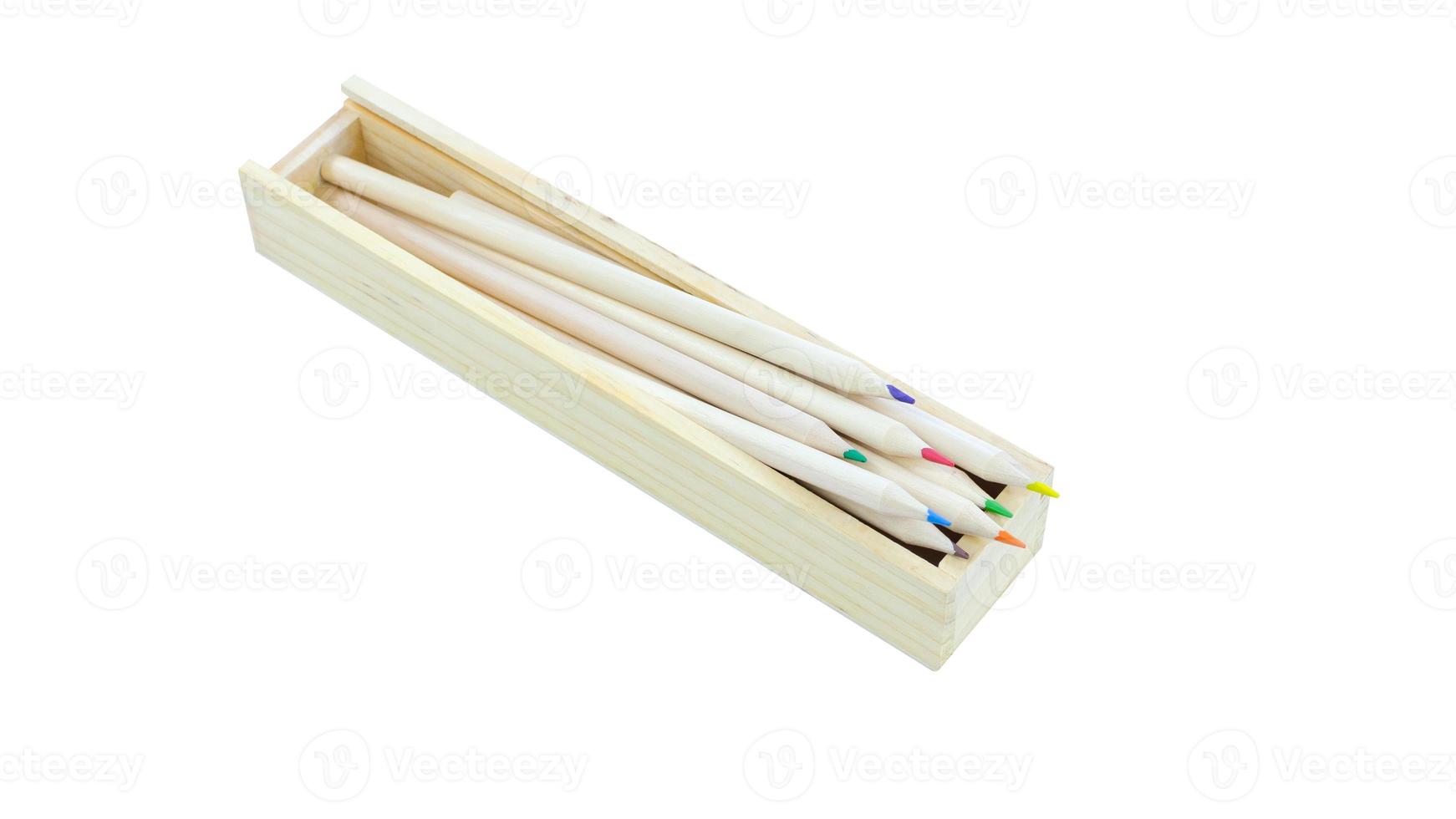 Wooden pencil case box and colour pencils isolated on white background,Office supplies,Crayon,stationary photo