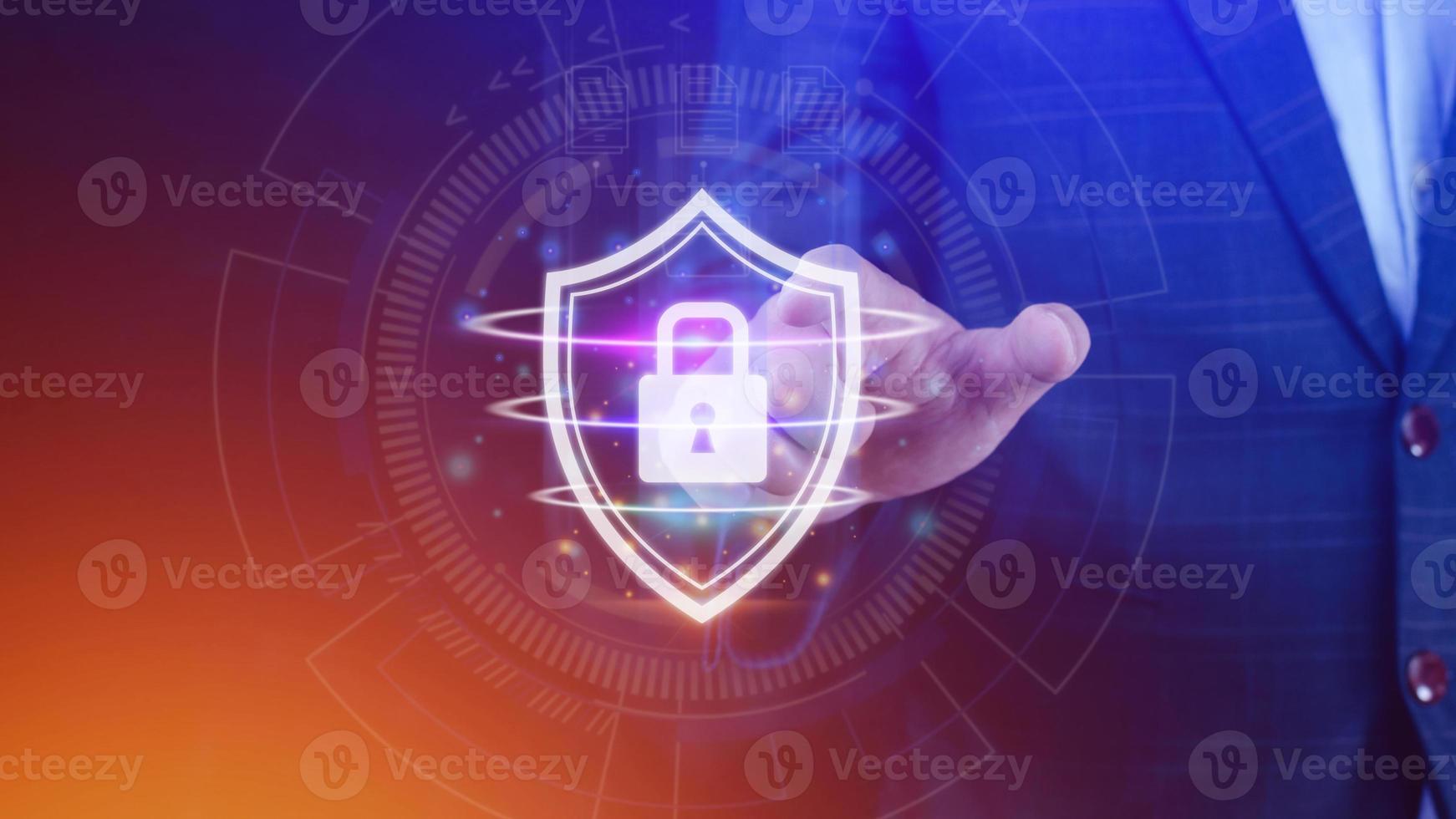 Computer network protection, secure and safe your data concept, businessman holding shield protection icon, Security shield Lock Security Businessman Protect Concept photo