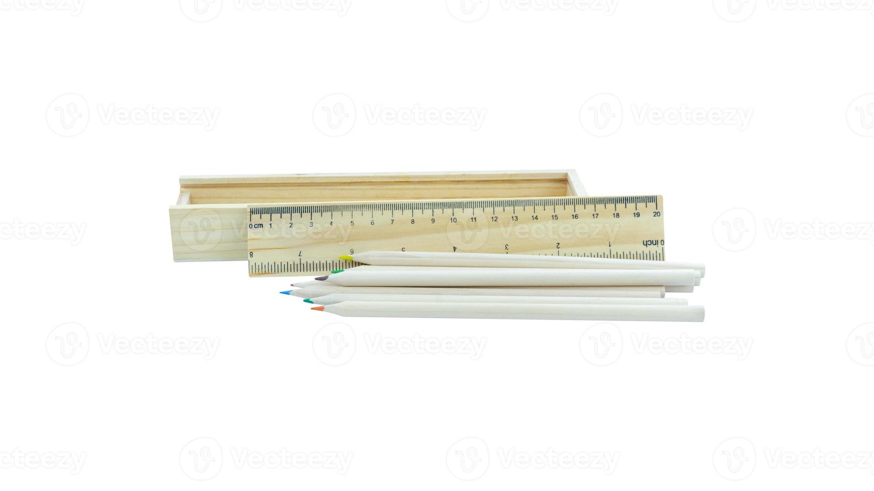 Wooden pencil case box with ruler lid and colour pencils isolated on white background,Office supplies,Crayon,stationary photo