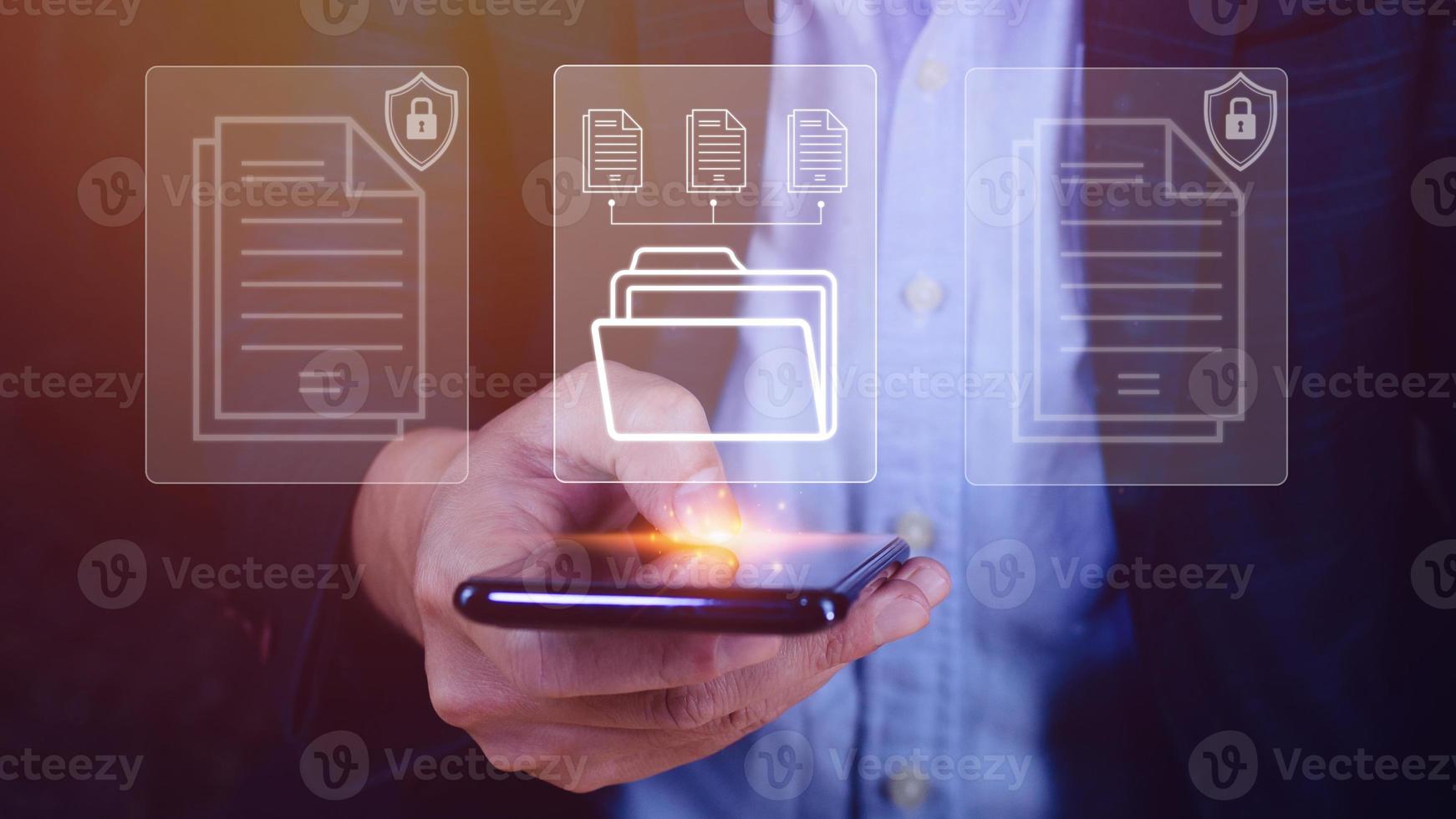 Document Management System DMS being setup IT consultant working on smartphone. Software for archiving, searching and managing corporate files information photo