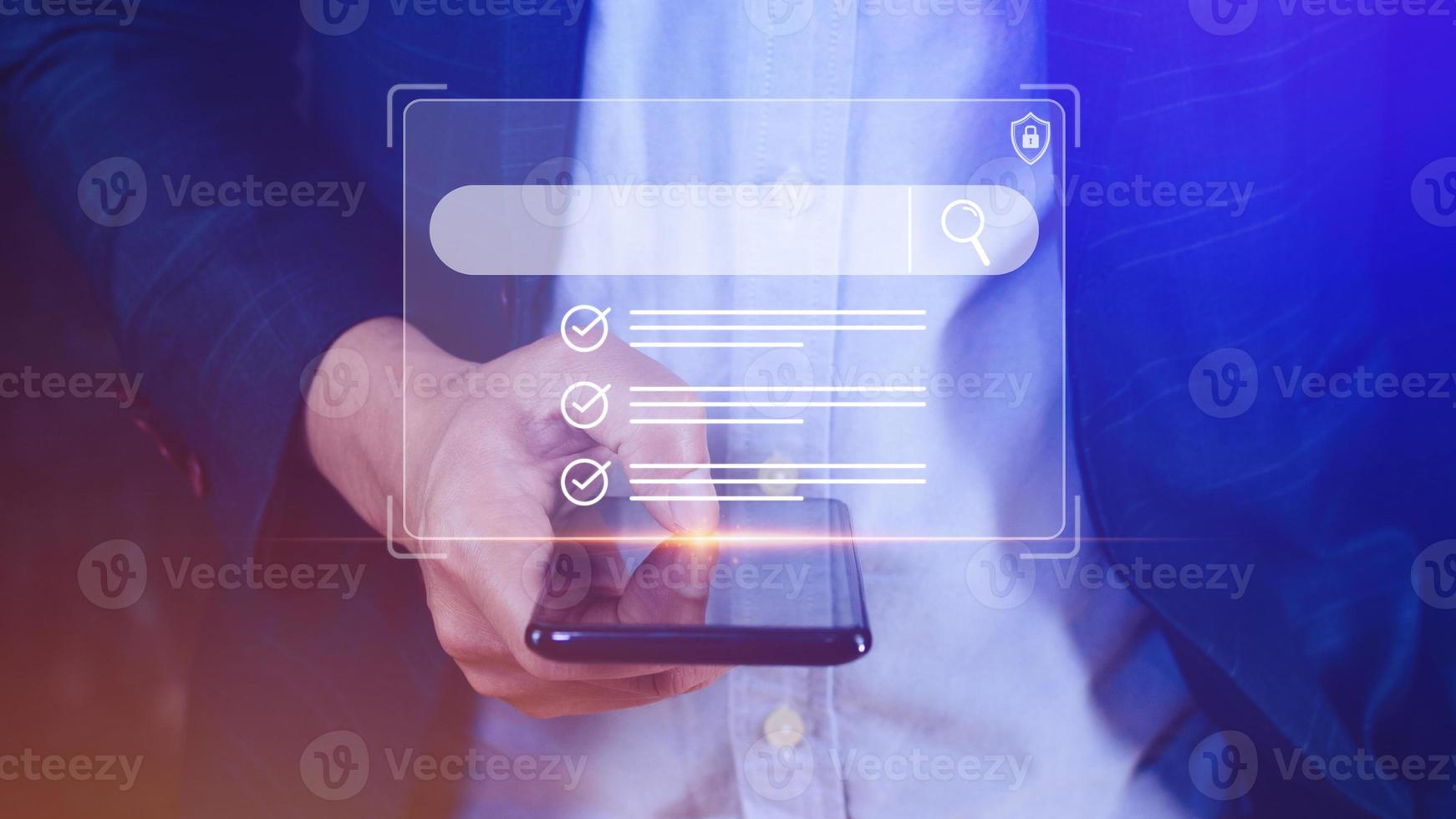 Businessman touching data search box information technology Search Engine Optimization, uses a search box to search for information on the Internet. photo