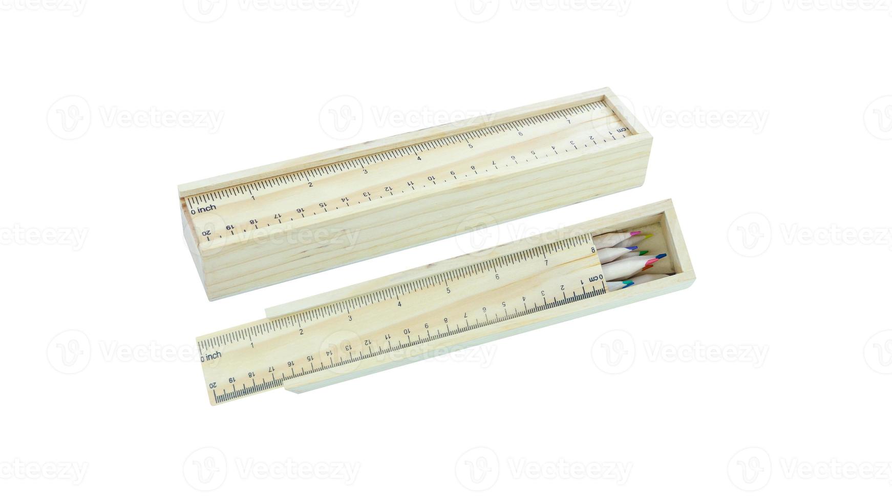 Wooden pencil case box with ruler lid and colour pencils isolated on white background,Office supplies,Crayon,stationary photo