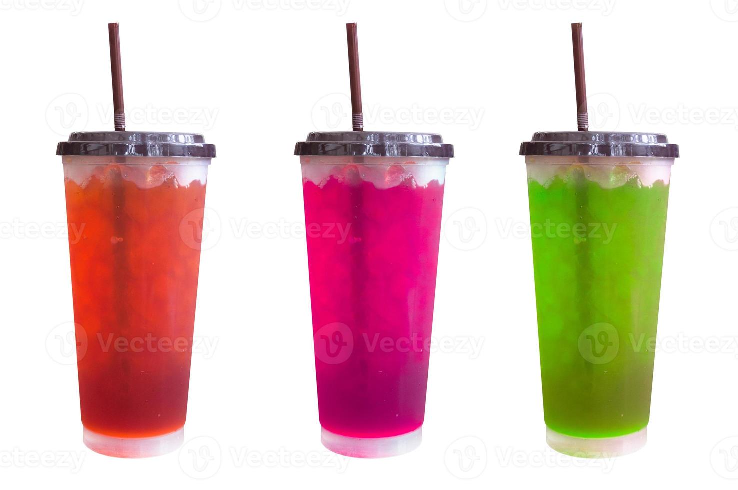 fresh sweet water colourful bright and ice in plastic glass isolated on white background,Summer drinks with ice on white background photo