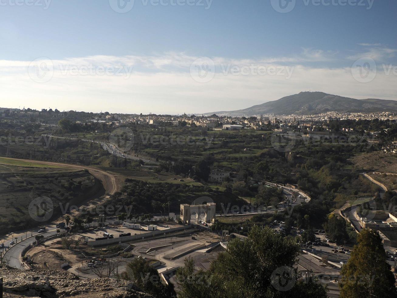 Aerial view panorama of the Fez el Bali medina Morocco. Fes el Bali was founded as the capital of the Idrisid dynasty between 789 and 808 AD. photo