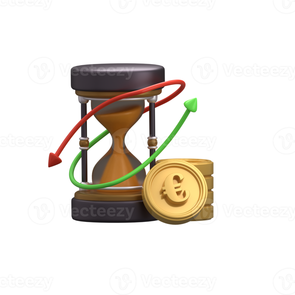 3d rendering illustration of an hourglass and coin icon. png