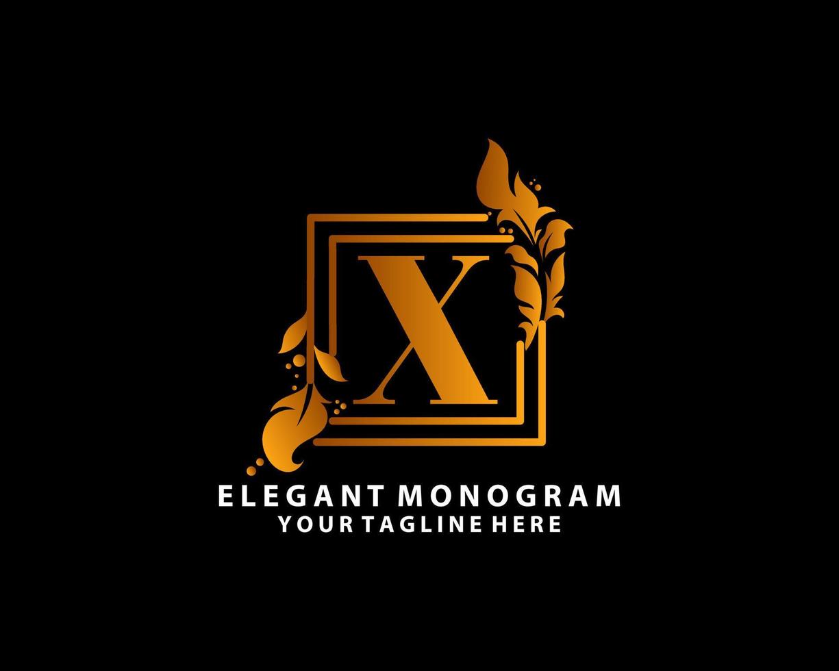 Golden Letter X Luxury Flowers Initial Logo Template Design. Monogram antique ornate nature floral leaf with initial letter. vector