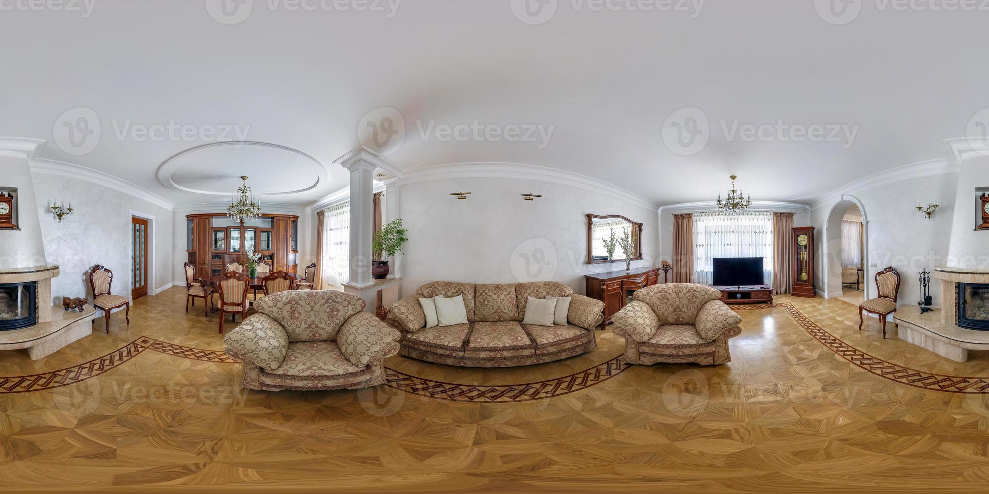 panorama completo esférico hdri 360 en el interior de la sala de estar de invitados vip en el apartamento con sillones y mesa con chimenea en proyección equirectangular, contenido vr foto