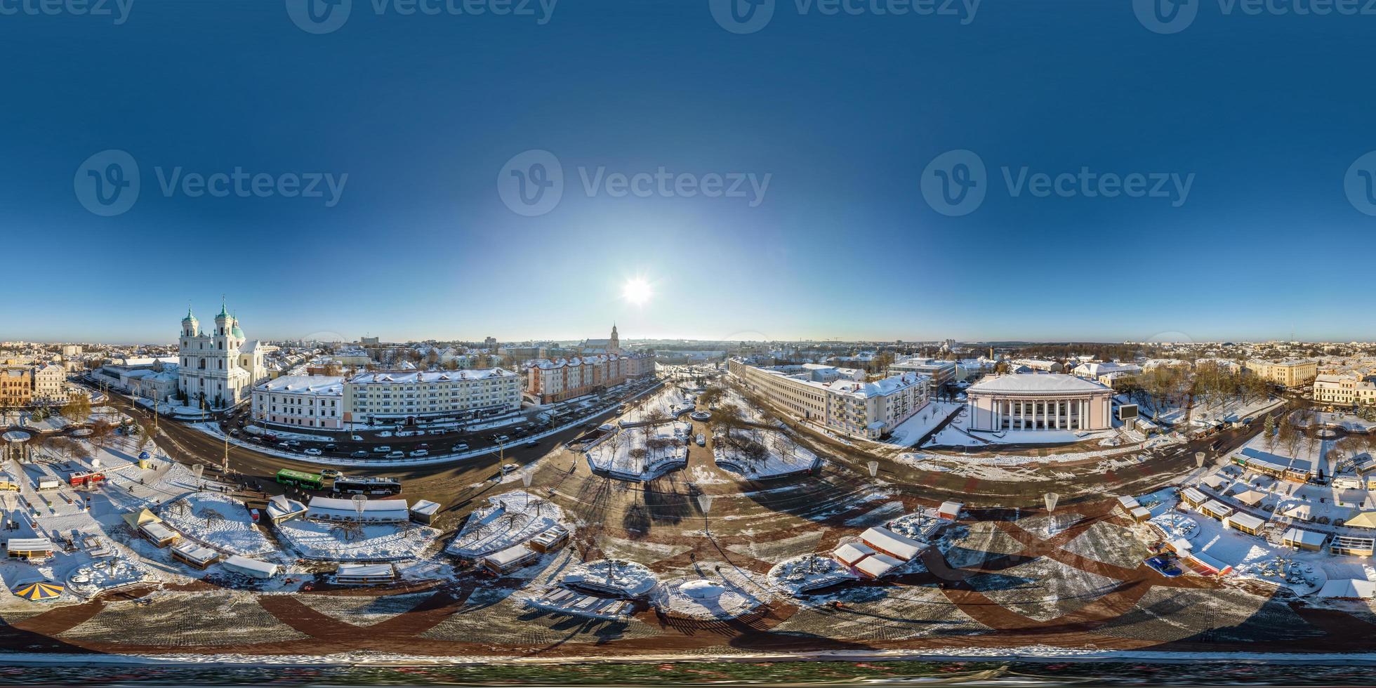 aerial full seamless hdri winter 360 panorama view on square over Christmas tree on new Year covered snow in equirectangular projection, ready for VR AR virtual reality photo