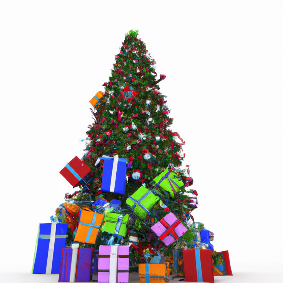 3D rendering of Christmas tree with gift boxes. photo