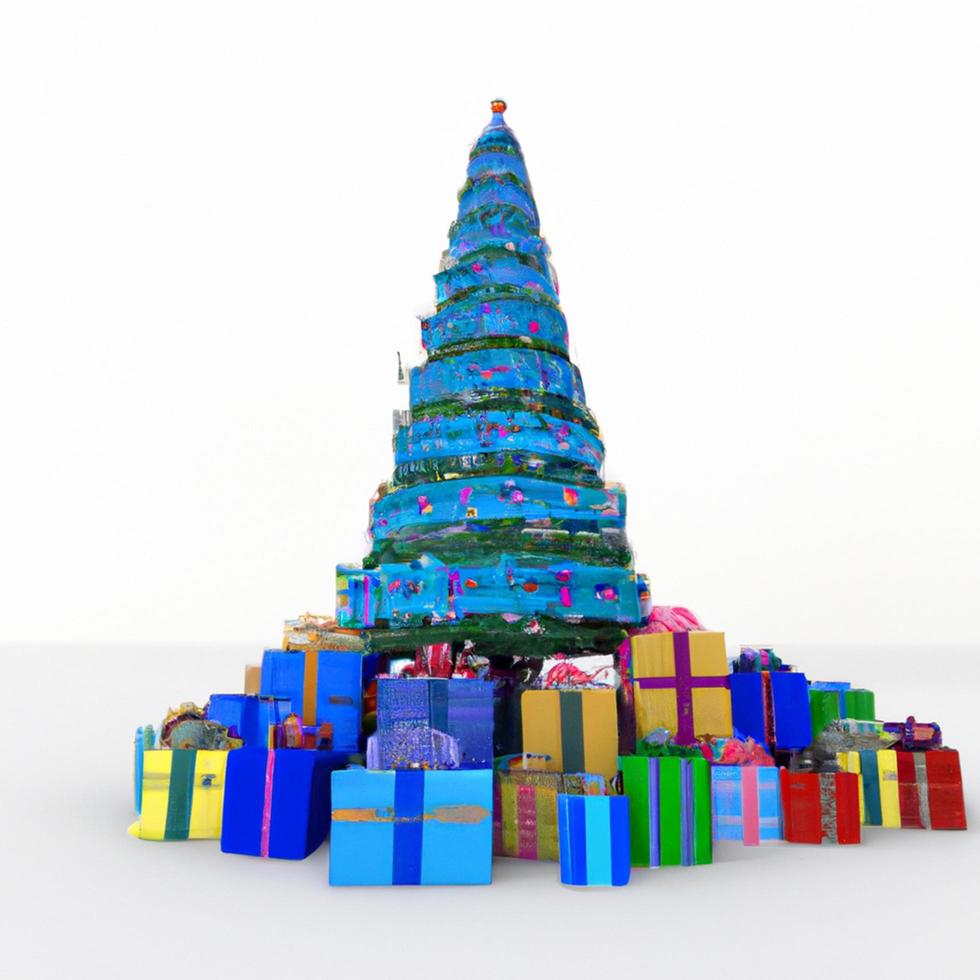 3D rendering of Christmas tree with gift boxes. photo