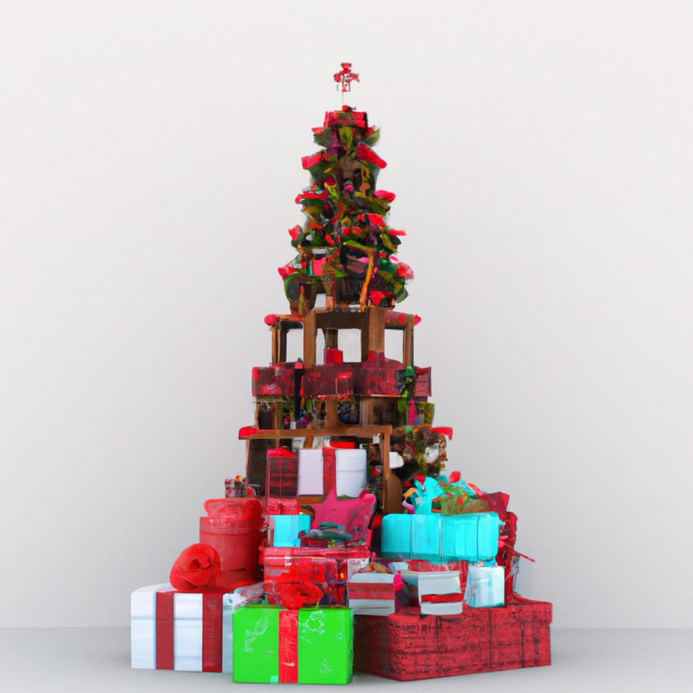3D rendering of Christmas tree with gift boxes. photo