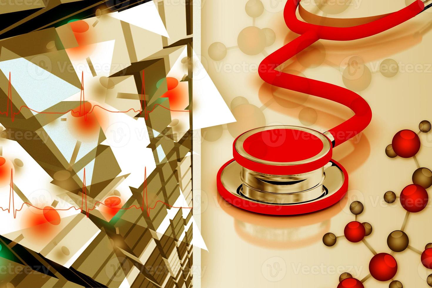 Digital illustration of stethoscope and molecules in color background photo