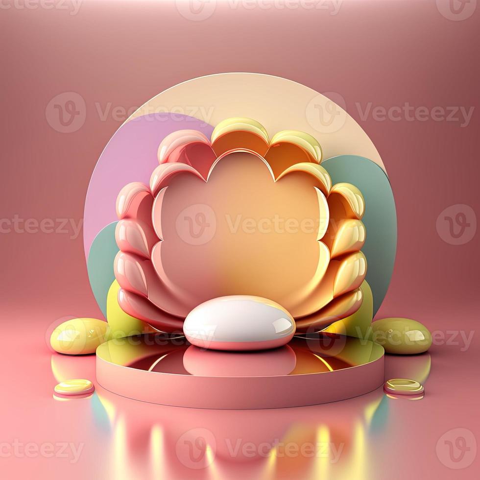 podio redondo de pascua brillante para exhibición de productos con decoración de huevo de renderizado 3d foto